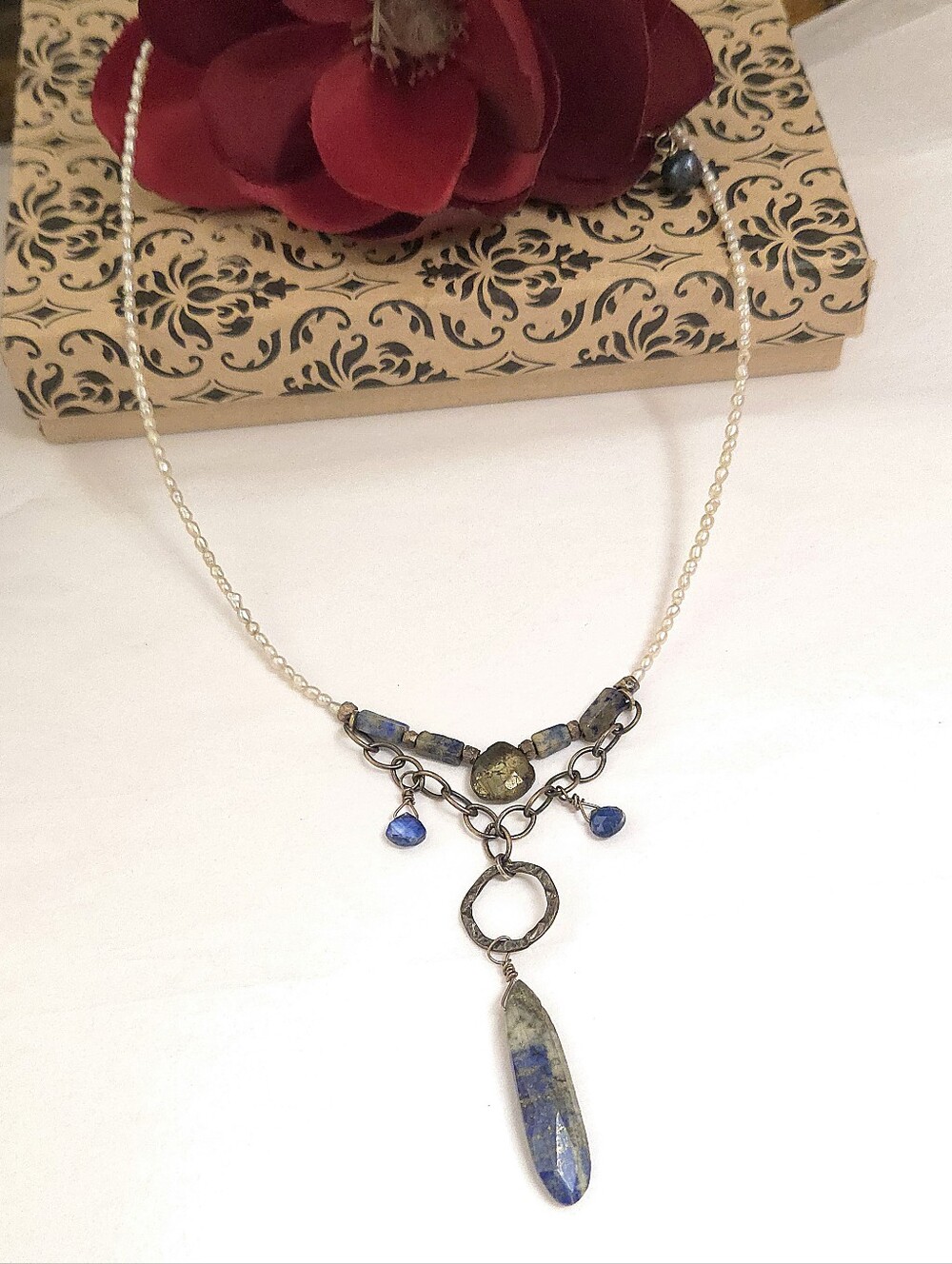 Handmade Sterling Silver Lapis Stone & Genuine Pearl Dangle Necklace 17" Long